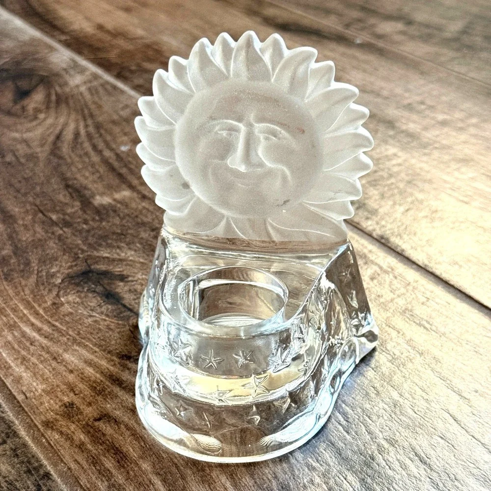Vintage 90's Whimsy Frosted Celestial Sun Face & Stars Glass Tea Light Holder